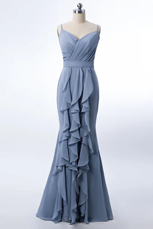 Big Discounts Mermaid Dusty Blue Chiffon Bridesmaid Dress with Ruffles
