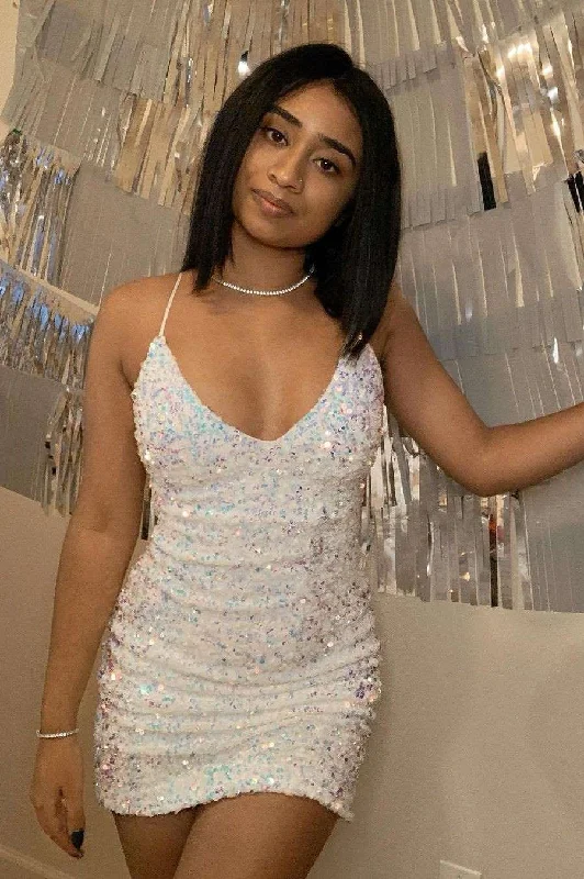 One-DAY Sale Glitter White Sequined Short Homecoming Dress