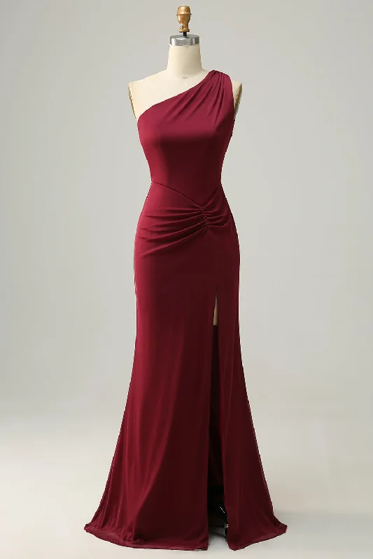 Savings Event Mermaid One-Shoulder Burgundy Pleated Bridesmaid Dress