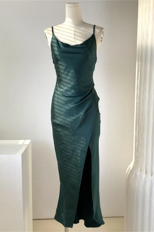 Hot Deal Dark Green Sheath Satin Bridesmaid Dress with Slit