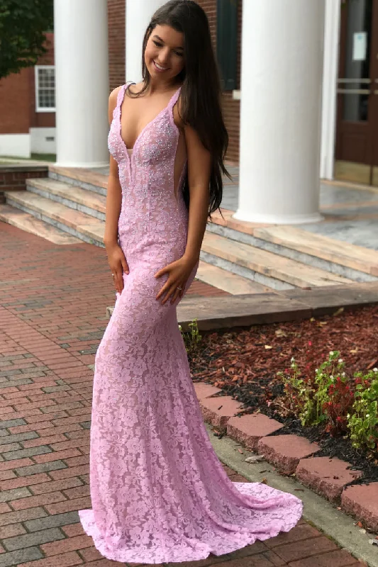 Final Markdown Elegant Mermaid V-Neck Pink Lace Prom Dress