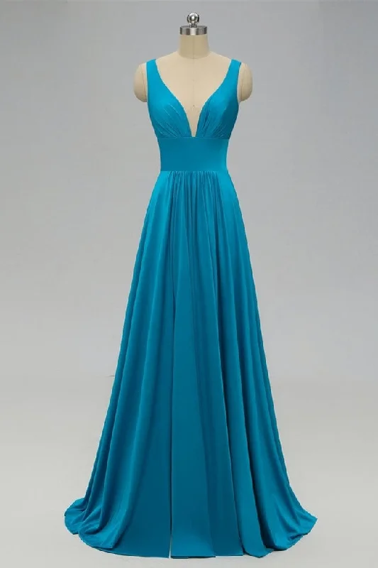 Members Only V Neck Empire Blue Bridesmaid Dress with Side Slit