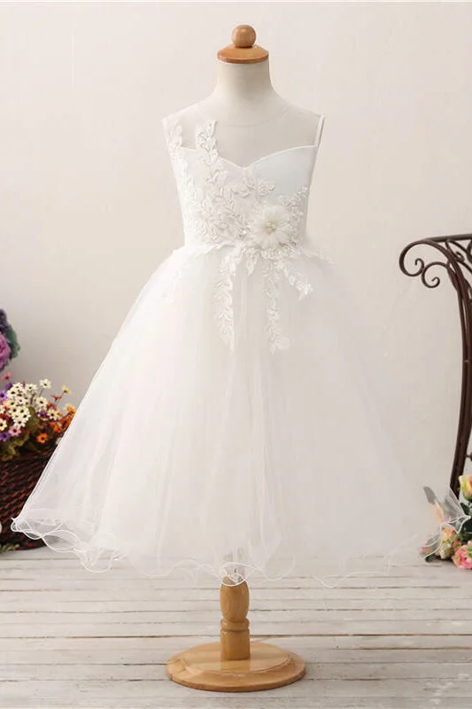 Special Offer Cute Leaf Appliques White Flower Girl Dress with Bow