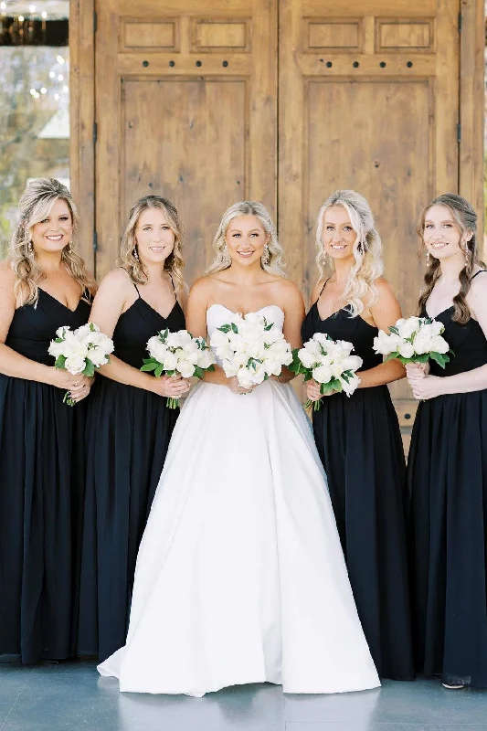 Overstock A-line Straps Black V-Neck Long Bridesmaid Dress