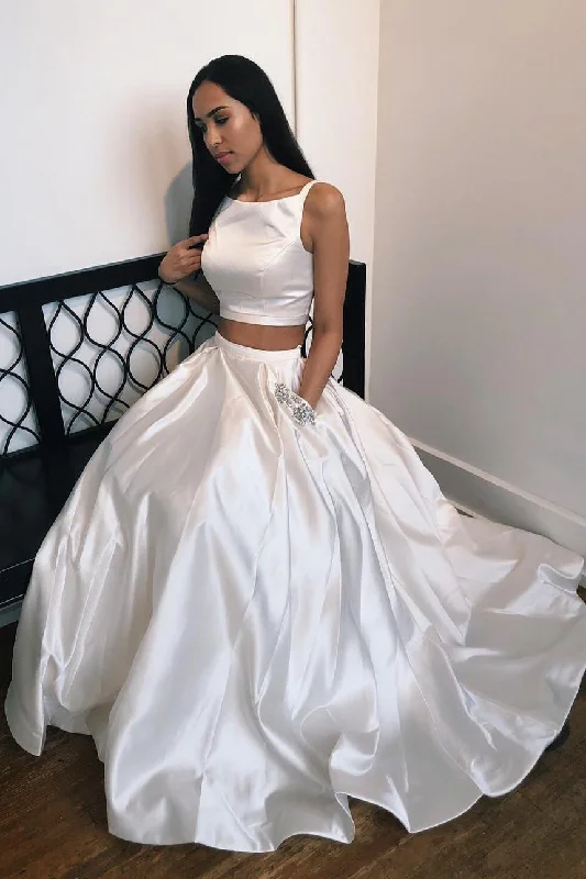 Limited Stock Elegant Two Piece White Long Prom Dress with Beaded Pockets