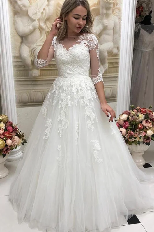 Bonus Savings Long Half Sleeves A-line White Wedding Dress with Appliques