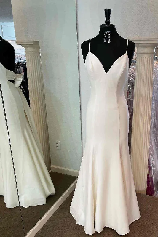 Online Specials Straps Mermaid Ivory Satin Long Bridal Dress