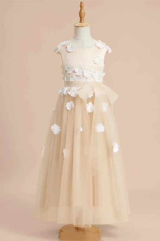 Special Savings Champagne Flower Tea Length Tulle Flower Girl Dress