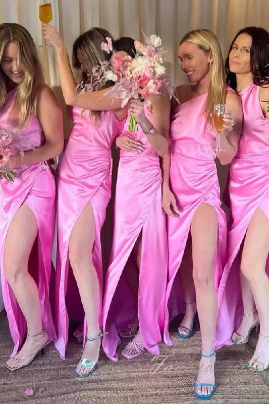 Shop and Save Hot Pink One Shoulder Satin Slit Bridesmaid Dress