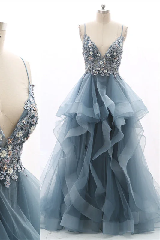 Bargain Blast Elegant Straps Duaty Blue Tiered Prom Dress with Appliques