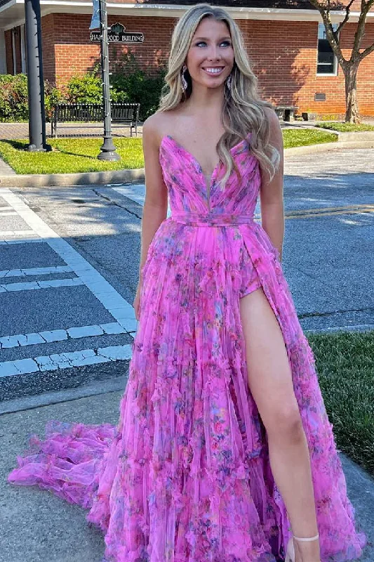 Unmissable Offer Princess Hot Pink V-Neck Floral Tulle Long Prom Dress with Slit