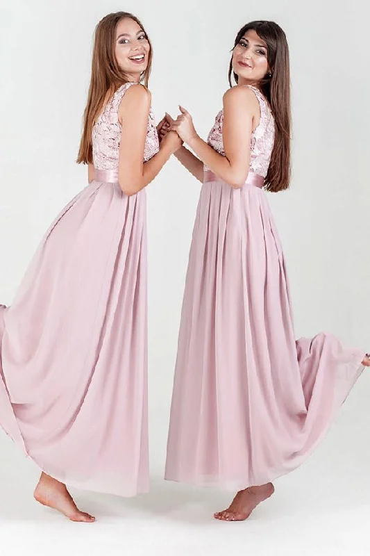 Today’s Deal A-line Pink Lace Floor Length Bridesmaid Dress with Ribbon