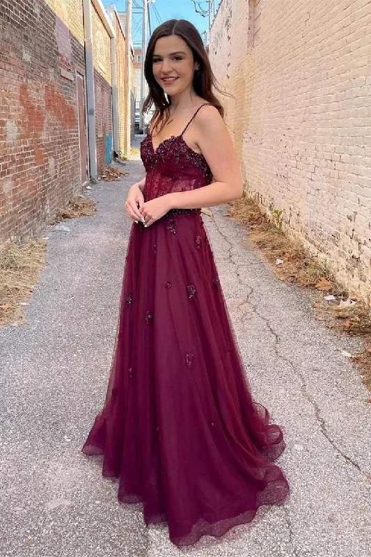 TIME-Limited Offer A-Line Spaghetti Straps Plum Beaded Long Prom Dress