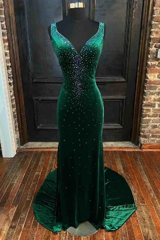 Quick Sale V-Neck Dark Green Velvet Long Prom Dress with Rhinestones