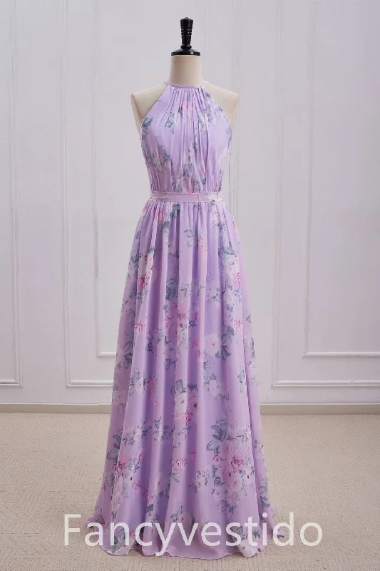 Closeout Halter Purple Floral Print A-Line Chiffon Bridesmaid Dress