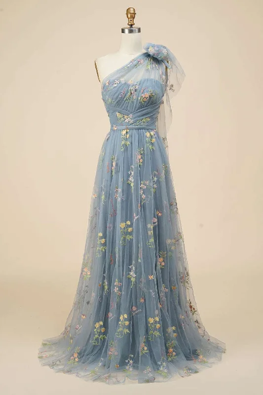 Price Drop Alert One-Shoulder Smokey Blue Embroidery Tulle Prom Dress