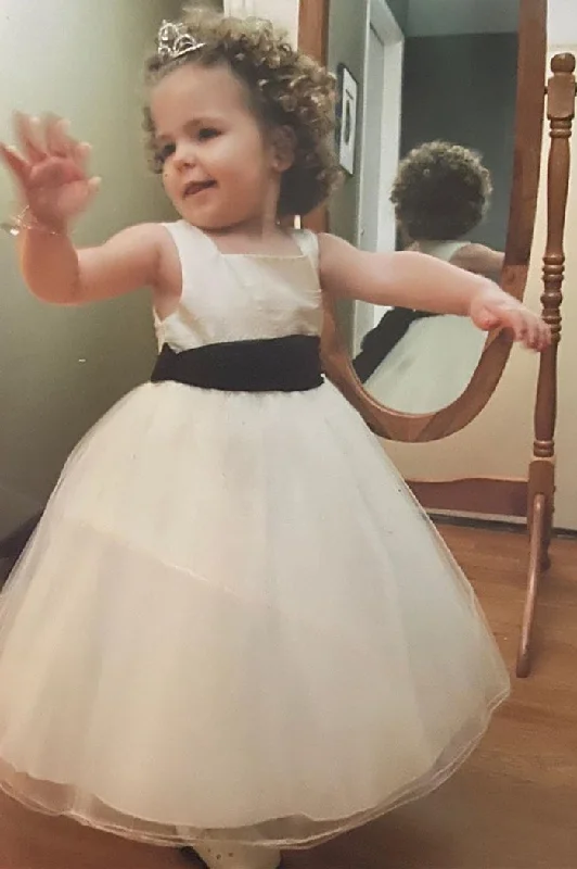 Exclusive Offers Cute Square Neck Toddler Ivory Flower Girl Dress with Ribbon