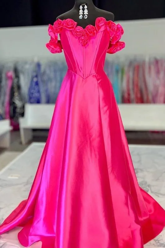 While Supplies Last Hot Pink Sweetheart Satin Prom Dress with Flower Off Shoulder