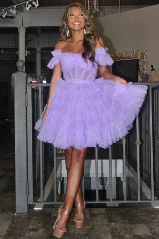 Price Blitz Off the Shoulder Lavender A-Line Ruffle Tulle Homecoming Dress