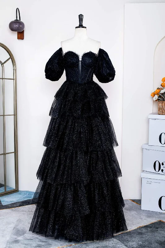 Special Buy Glitter Off the Shoulder Black Beaded Puff Sleeves Layered Prom Dress