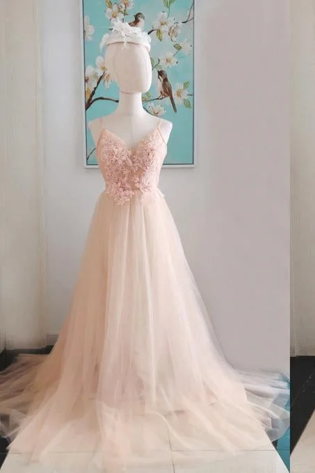 Massive Deals A-Line Lace Appliques Blush Pink Tulle Prom Dress