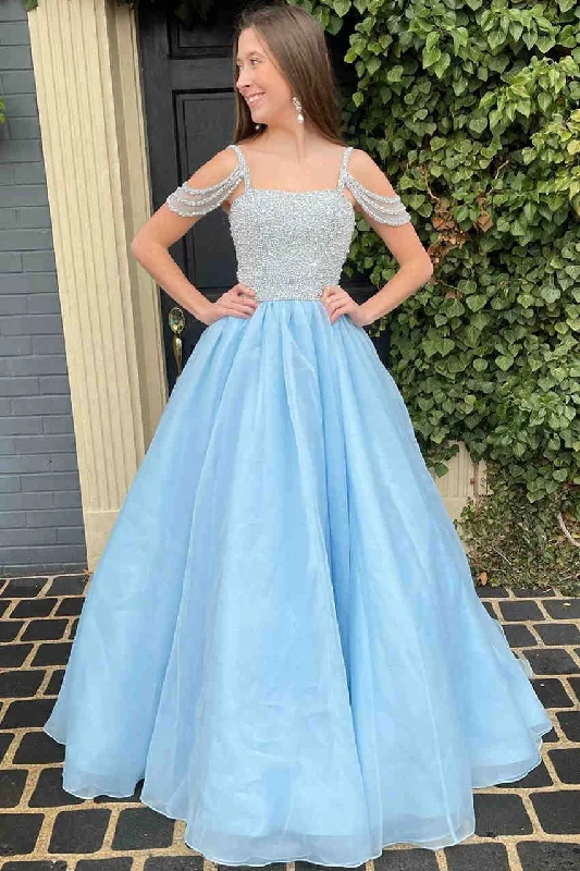 Deal Frenzy Cold Shoulder Light Blue Beaded Long Formal Dress