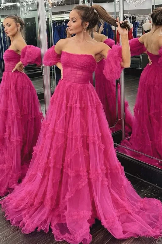 Price Meltdown A-Line Strapless Fuchsia Corset Ruffled Long Prom Dress
