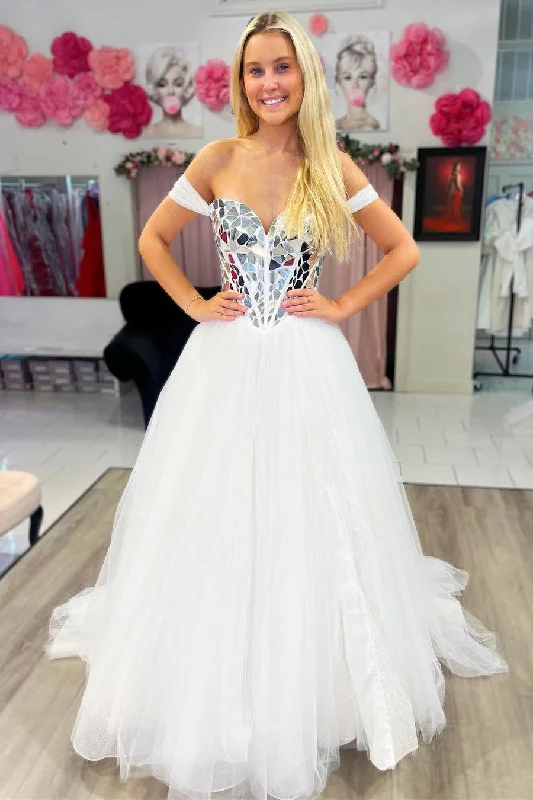 Exclusive Online Offer Off the Shoulder Silver Mirror Sequin A-Line Prom Dres