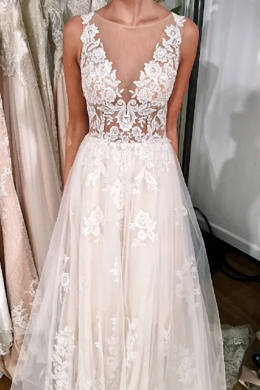 Fantastic Deals Long Illusion Neck A-line Ivory Wedding Dress with Lace
