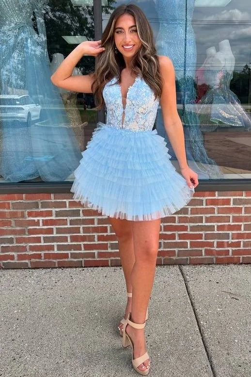 Anniversary Sale Halter A-Line Layered Homecoming Dress Applique Plunging Neck