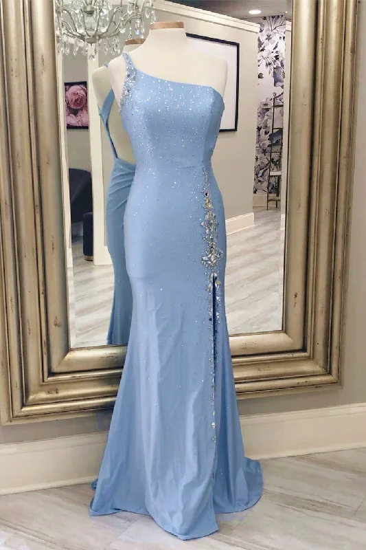 The Best Prices Mermaid Light Blue One Shoulder Prom Dress with Beads