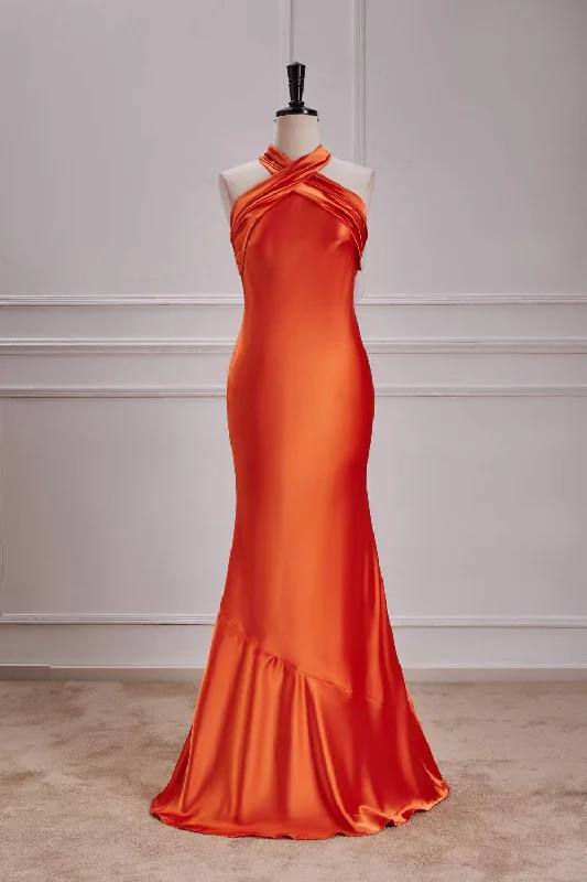 Bargain Bin Burnt Orange Halter Mermaid Satin Maxi Dress