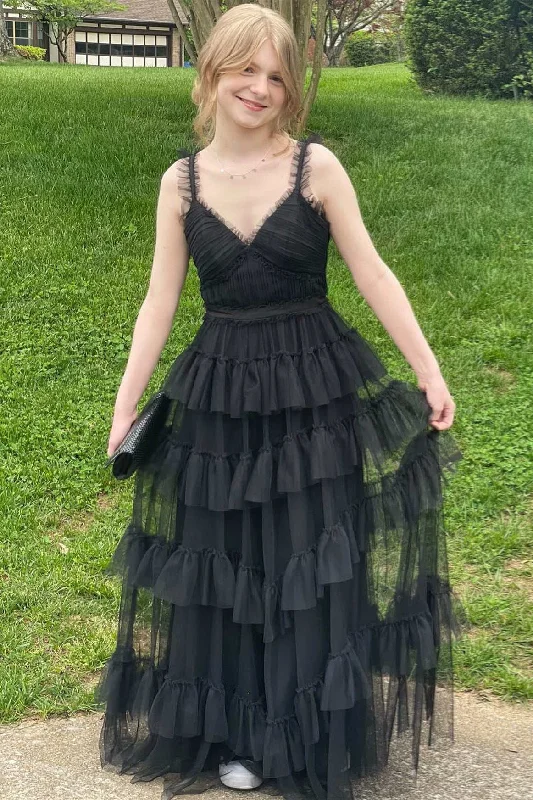 Price Break V-Neck Black Layered Tulle A-Line Prom Dress