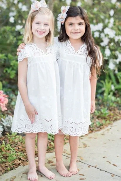 Year-End Sale Rustic Short Sleeves White Flower Girl Dress