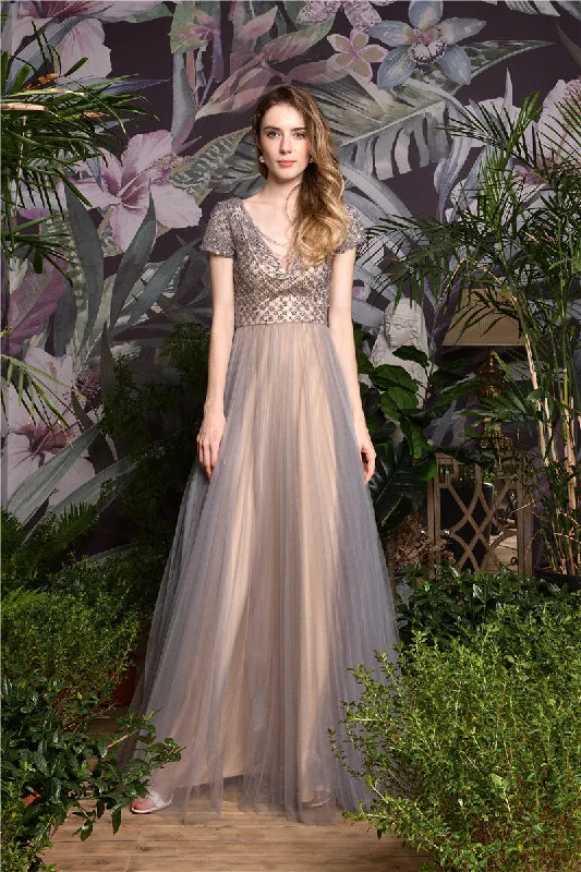 Deal of the Day Fast Shipping V Neck A-Line Grey and Champagne Long Prom Dress