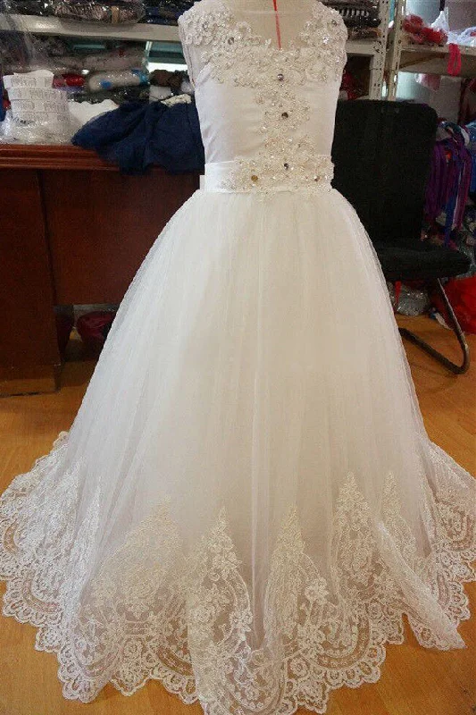 While Supplies Last Chic Lace Edge Beaded Ivory Flower Girl Dress with Bow