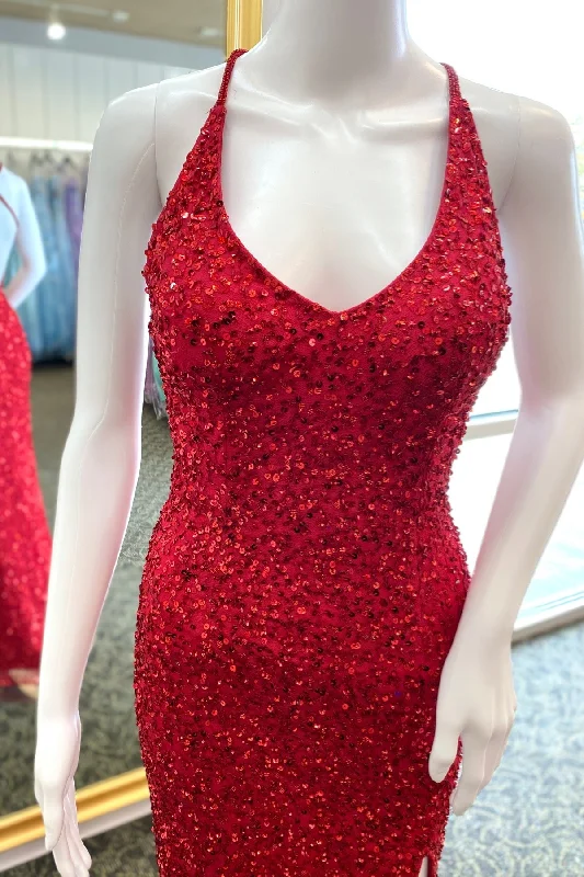 Year-End Sale Red V Neck Crossed Straps Sequins Long Prom Dress with Slit