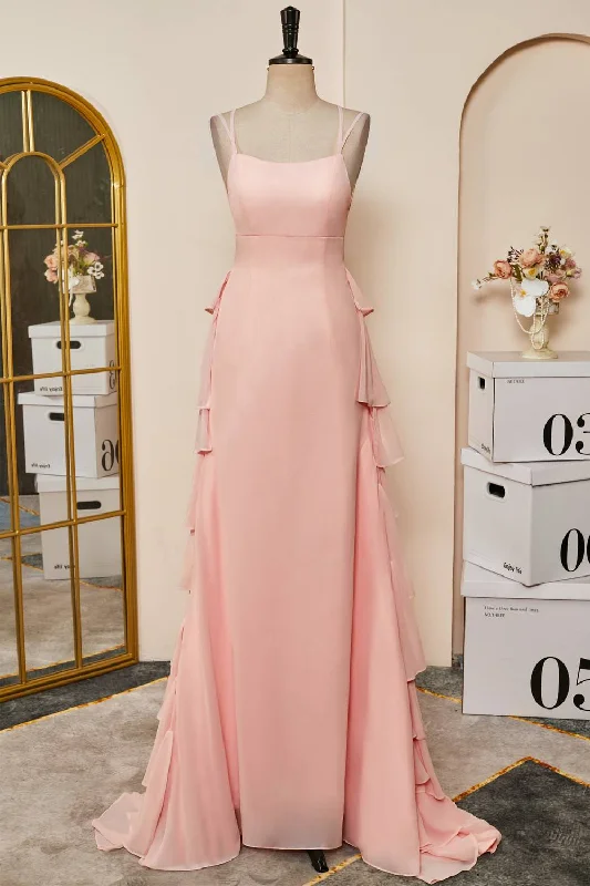 Savings Alert Straps Pink Ruffle Tiered Chiffon Long Prom Dress