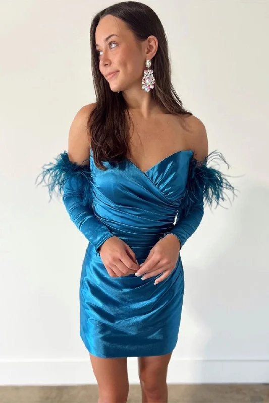 Savings Spectacular Ruched Blue Strapless Bodycon Homecoming Dress with Long Sleeves