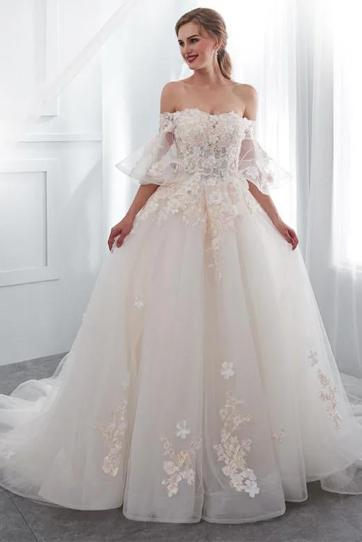 Great Deals Princess Long Off Shoulder A-line Ivory Bridal Dress with Appliques