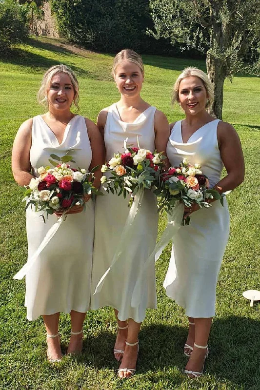 Super Deal Cowl Neck Ivory Sheath Tea Length Bridesmaid Dress