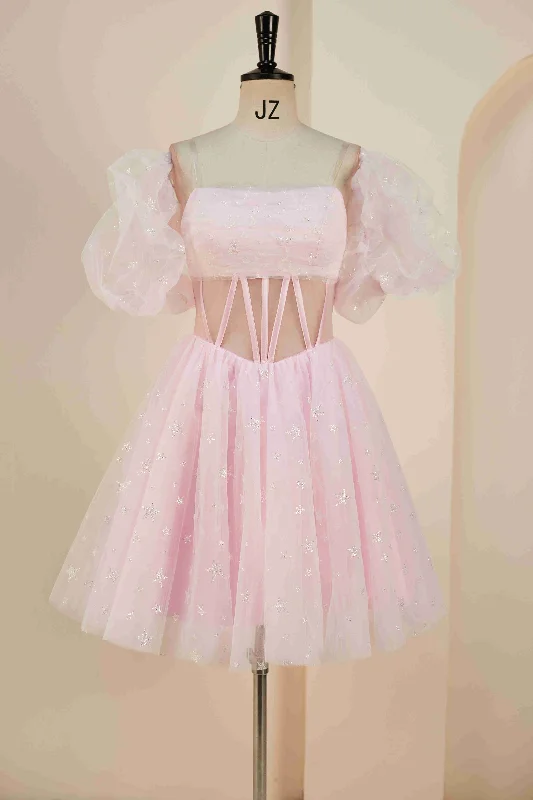 Don't Wait Princess Pink Strapless Short Party Dress with Detachable Balloon Sleeves