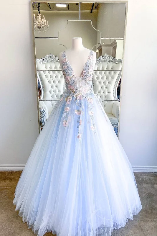 Big Discounts A-Line Plunging Neck Baby Blue Long Prom Dress with Embroidery
