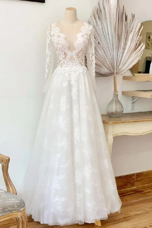 Clearance Items Illusion Crew Neck White Lace Bridal Dress