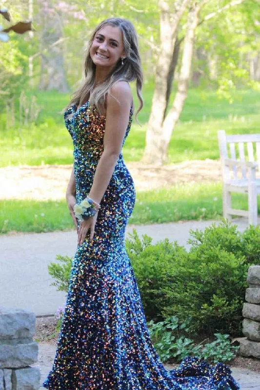 Online Specials Glitter Navy Blue Sequined Mermaid Prom Dress