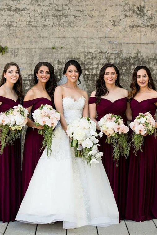 Seasonal Clearance A-line Off-the-Shoulder Long Burgundy Bridesmaid Dress