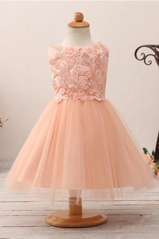 Exclusive Preview Cute Lace Appliques Toddler Peach Flower Girl Dress with Bowknot