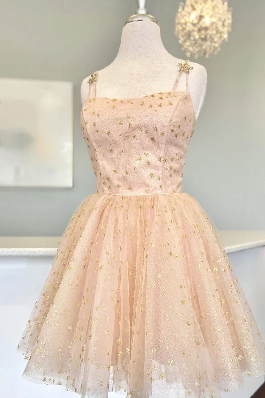 Exclusive Preview Straps Pink A-Line Tulle Homecoming Dress with Gold Stars