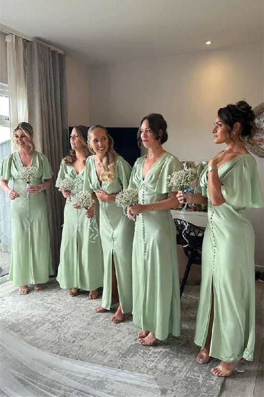 YEAR-End Sale Green V-Neck Satin Slit Bridesmaid Dress with Flutter Sleeves