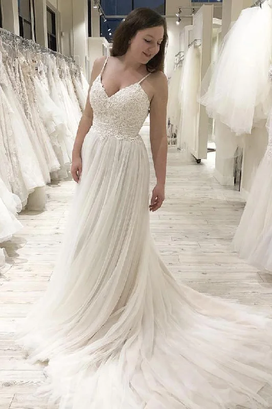 Daily Deals Long A-Line Spaghetti Straps White Wedding Dress with Lace Top